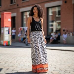 Three Hearts Black and Orange Maxi Skirt